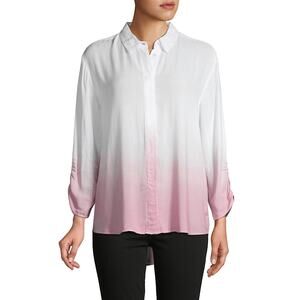 New BB DAKOTA Ombre Ruched High Low Button Down Long Sleeve Shirt | XS